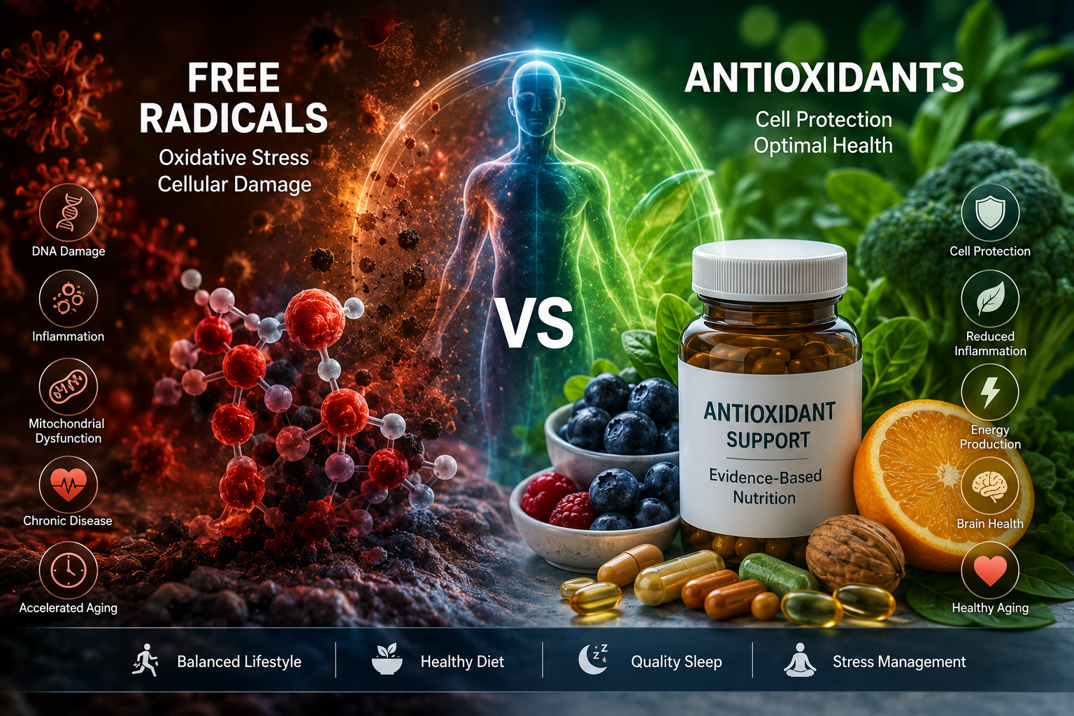 🧬 Free Radicals vs. Antioxidants: The Complete Evidence-Based Guide to Oxidative Stress and A–Z Supplements